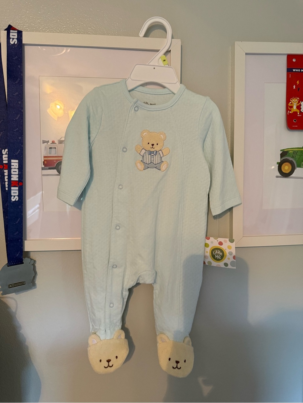 Little Me Pastel Blue Bear Footed One-Piece